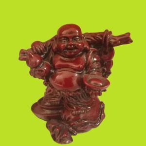 Buddha Cinabar Resin Red Happy Laughing Feng Shui Luck Figurine 3.75”